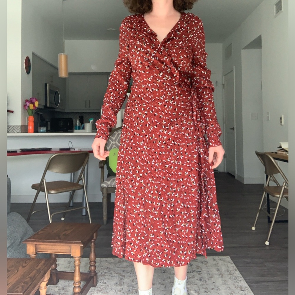 Floral Red Maroon Long Flowy Long Sleeve Light Boho Summer Tie Wrap Maxi Dress